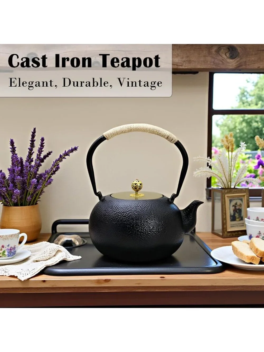 Black Cast Iron Kitchen Japanese Tetsubin Tea Pot 40.6oz Stovetop Infuser Pot